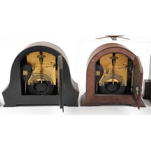 78 - Six mantle clocks including an Art Deco Smith Enfield housed in a brown Bakelite case and four oak e... 