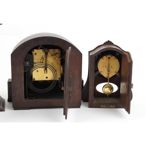 78 - Six mantle clocks including an Art Deco Smith Enfield housed in a brown Bakelite case and four oak e... 