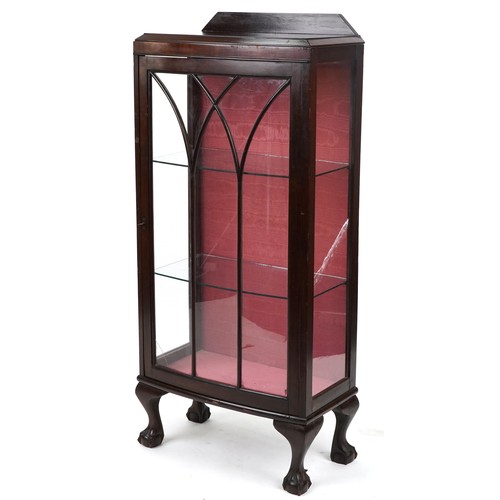 51 - Mahogany bow front display cabinet enclosing two glass shelves on claw and ball feet, 127cm H x 56cm... 