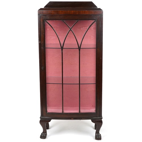 51 - Mahogany bow front display cabinet enclosing two glass shelves on claw and ball feet, 127cm H x 56cm... 