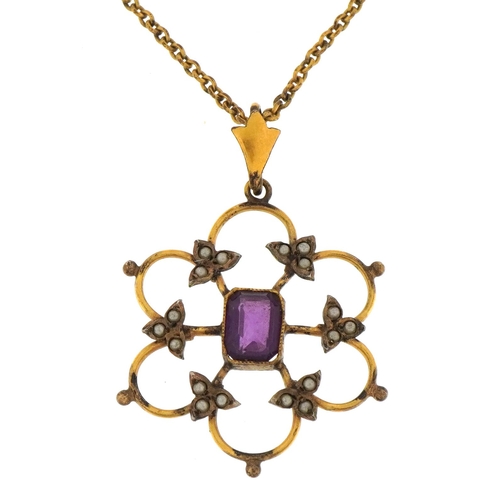 115 - Edwardian unmarked gold amethyst and seed pearl pendant, tests as 9ct gold, on a yellow metal neckla... 