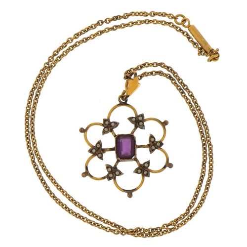 115 - Edwardian unmarked gold amethyst and seed pearl pendant, tests as 9ct gold, on a yellow metal neckla... 