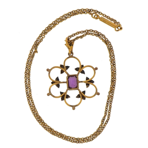 115 - Edwardian unmarked gold amethyst and seed pearl pendant, tests as 9ct gold, on a yellow metal neckla... 