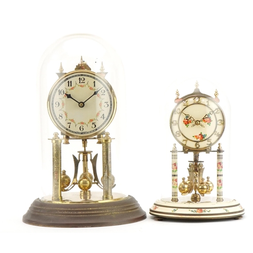 123 - Two brass anniversary clocks housed under glass domes including a Kundo example, the largest 30cm hi... 