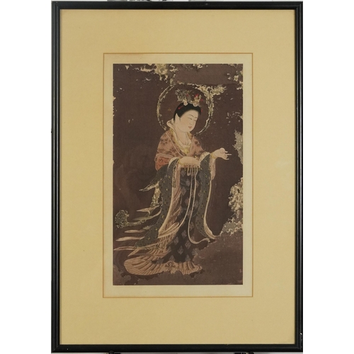 132 - Scholar and robed female, near pair of Japanese prints in colour, mounted, framed and glazed, the la... 