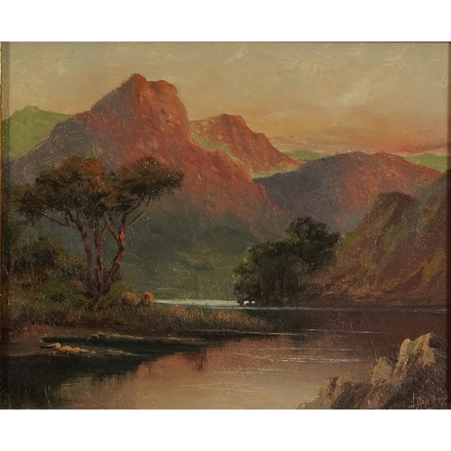 133 - J Ducker - Mountainous landscape and figures beside water, two oil on wood panels, framed, each 28.5... 