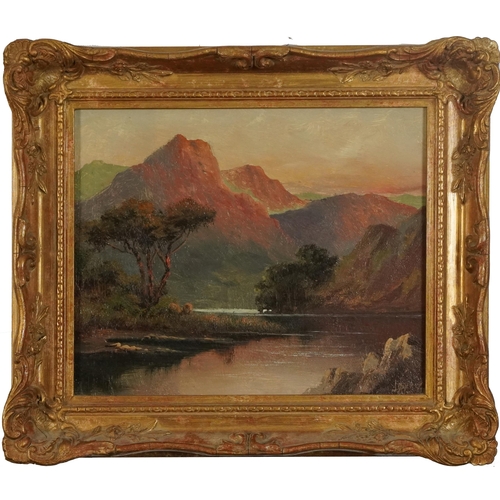 133 - J Ducker - Mountainous landscape and figures beside water, two oil on wood panels, framed, each 28.5... 