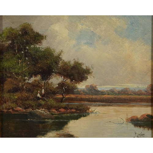 133 - J Ducker - Mountainous landscape and figures beside water, two oil on wood panels, framed, each 28.5... 