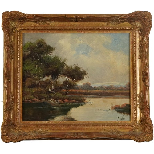 133 - J Ducker - Mountainous landscape and figures beside water, two oil on wood panels, framed, each 28.5... 