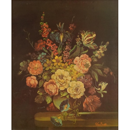 134 - Still life flowers in a vase, oleograph on board, framed, 55cm x 44cm excluding the frame