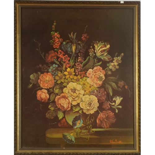 134 - Still life flowers in a vase, oleograph on board, framed, 55cm x 44cm excluding the frame