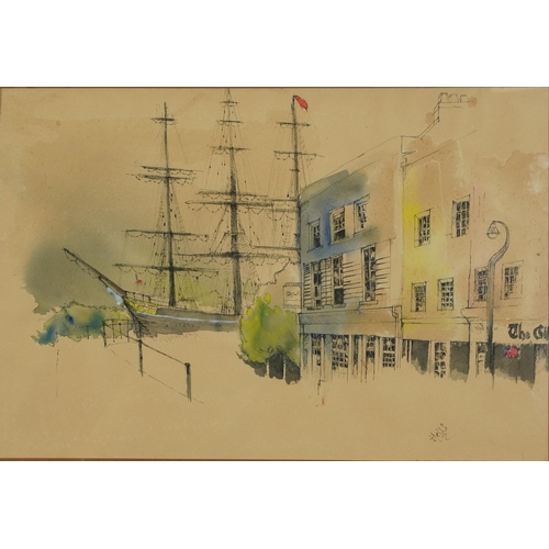 135 - The Cutty Sark, watercolour over print, mounted, framed and glazed, 51cm x 34cm excluding the mount ... 