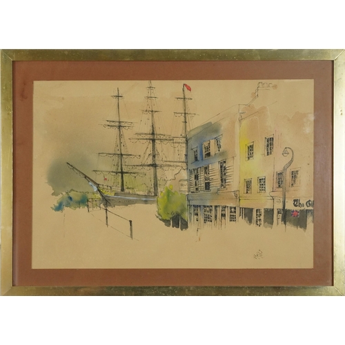 135 - The Cutty Sark, watercolour over print, mounted, framed and glazed, 51cm x 34cm excluding the mount ... 