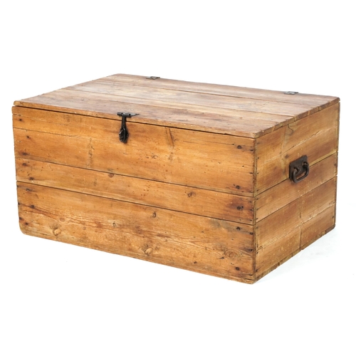 140 - Large Victorian style waxed pine trunk with carrying handles, 46.5cm H x 91.5cm W x 60.5 D