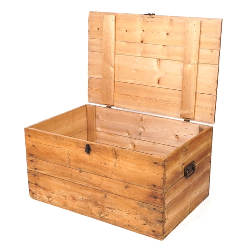 140 - Large Victorian style waxed pine trunk with carrying handles, 46.5cm H x 91.5cm W x 60.5 D