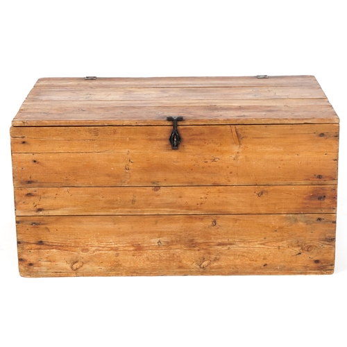 140 - Large Victorian style waxed pine trunk with carrying handles, 46.5cm H x 91.5cm W x 60.5 D