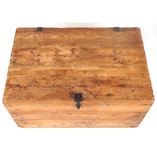 140 - Large Victorian style waxed pine trunk with carrying handles, 46.5cm H x 91.5cm W x 60.5 D