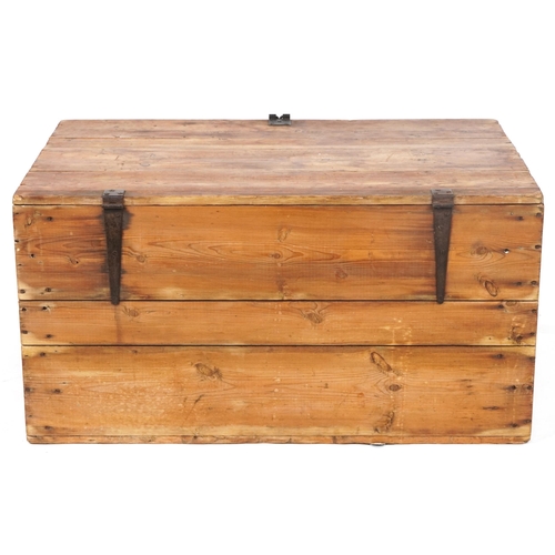 140 - Large Victorian style waxed pine trunk with carrying handles, 46.5cm H x 91.5cm W x 60.5 D