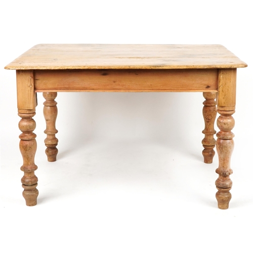 47 - Victorian farmhouse washed pine dining table with end drawer, 75cm H x 121cm W x 88cm D