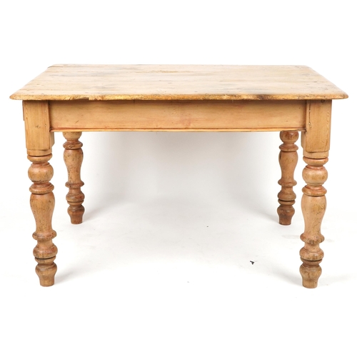 47 - Victorian farmhouse washed pine dining table with end drawer, 75cm H x 121cm W x 88cm D