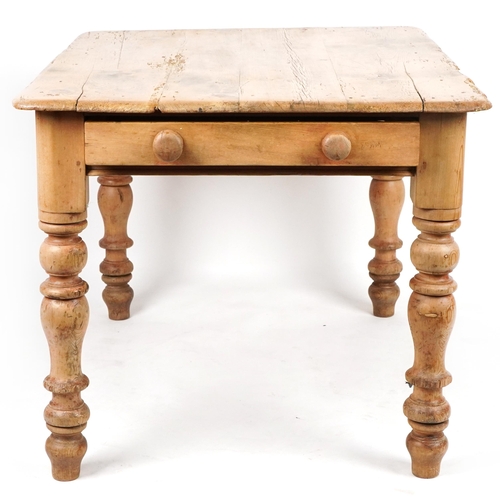 47 - Victorian farmhouse washed pine dining table with end drawer, 75cm H x 121cm W x 88cm D