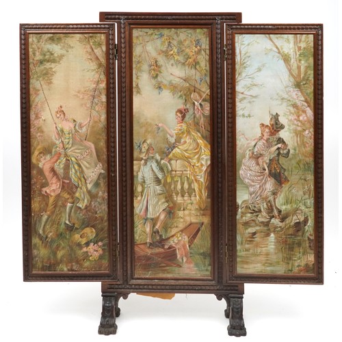 139 - 19th century oak frame three fold canvas screen hand painted with courting couples, each panel indis... 