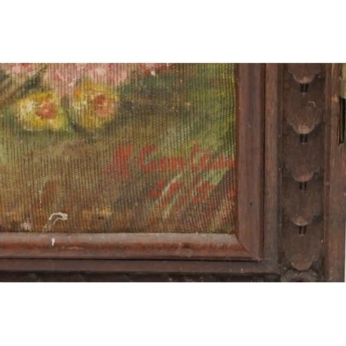 139 - 19th century oak frame three fold canvas screen hand painted with courting couples, each panel indis... 