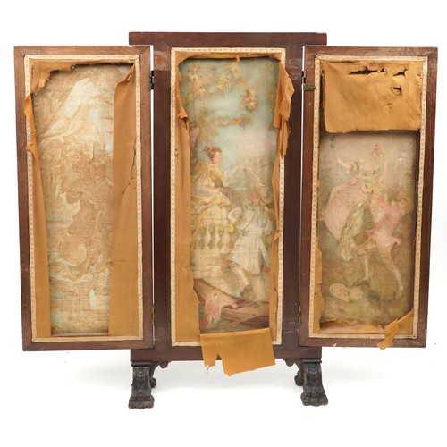 139 - 19th century oak frame three fold canvas screen hand painted with courting couples, each panel indis... 