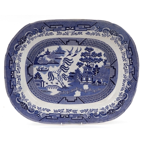 2308 - Bell & Co, 19th century blue and white pottery meat platter decorated in the chinoiserie manner, 56c... 