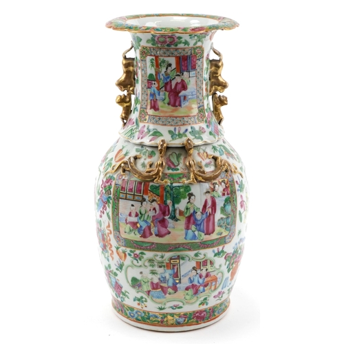 34 - Large Chinese Canton porcelain vase with animalia handles hand painted in the famille rose palette w... 