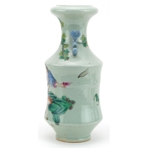 111 - Chinese Canton celadon glazed vase with ruyi handles hand painted in the famille rose palette with t... 