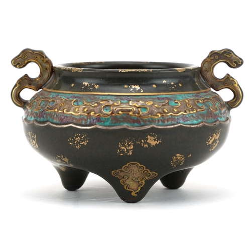 112 - Chinese gold splashed porcelain tripod censer with animalia handles hand painted in the archaic styl... 