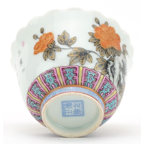 174 - Chinese porcelain en grisaille tea bowl hand painted with flowers, four figure character marks to th... 