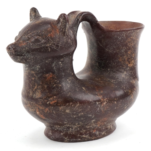 158 - South American Pre Columbian style terracotta handled vessel in the form of a cat, 29cm in length