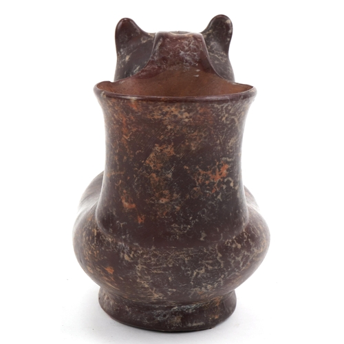 158 - South American Pre Columbian style terracotta handled vessel in the form of a cat, 29cm in length