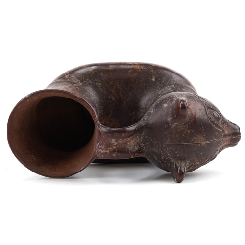 158 - South American Pre Columbian style terracotta handled vessel in the form of a cat, 29cm in length