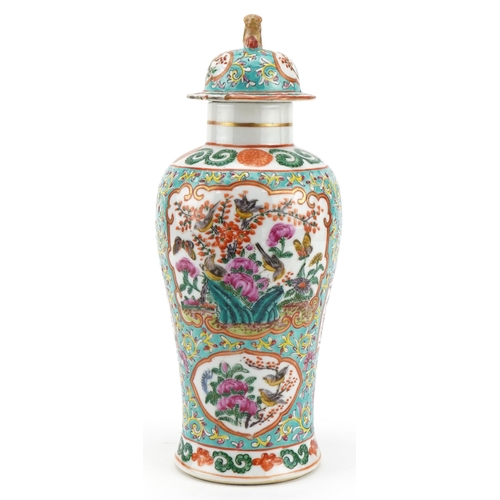 177 - Chinese porcelain turquoise and baluster vase and cover hand painted in the famille rose palette wit... 