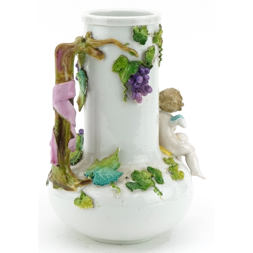 274 - 19th century Meissen style porcelain floral handled vessel surmounted with Putti, blue crossed sword... 
