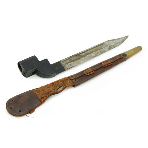 2504 - Military interest spike bayonet and Fairbairn Sykes fighting knife leather sheath, the largest 32cm ... 