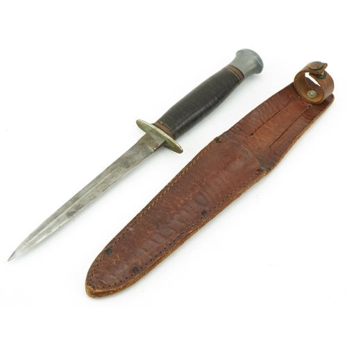 2503 - Military interest Milbro Camar fighting knife in leather scabbard, Made in Sheffield England, 26cm i... 