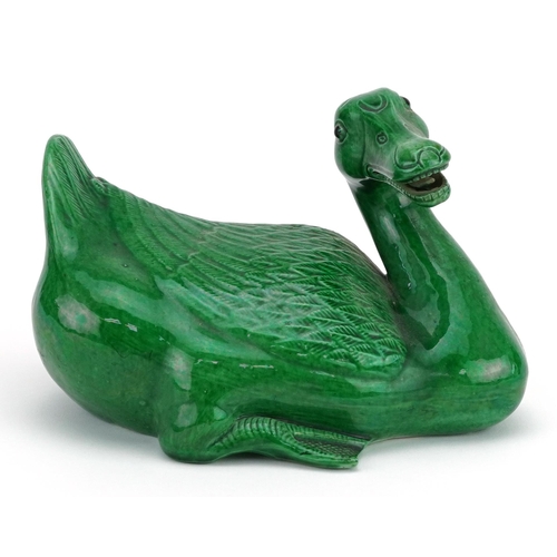 411 - Chinese porcelain Mandarin duck having a green glaze, 18cm in length