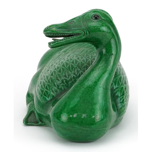 411 - Chinese porcelain Mandarin duck having a green glaze, 18cm in length