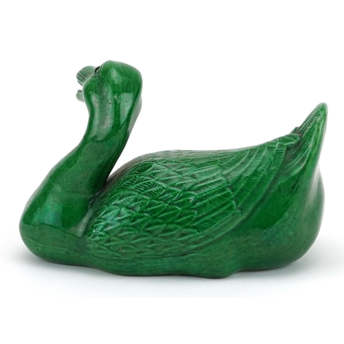 411 - Chinese porcelain Mandarin duck having a green glaze, 18cm in length