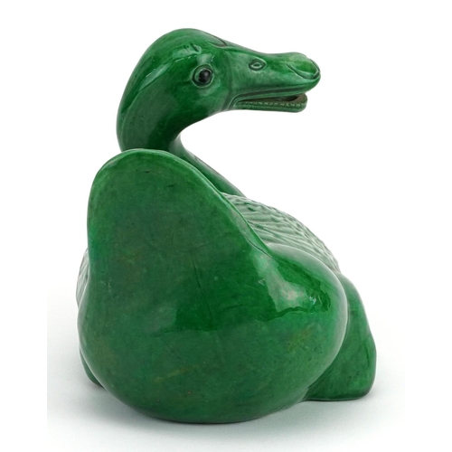 411 - Chinese porcelain Mandarin duck having a green glaze, 18cm in length