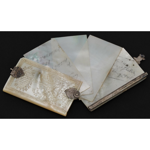 205 - 19th century mother of pearl aide memoire with unmarked silver mounts carved with a huntsman and Put... 