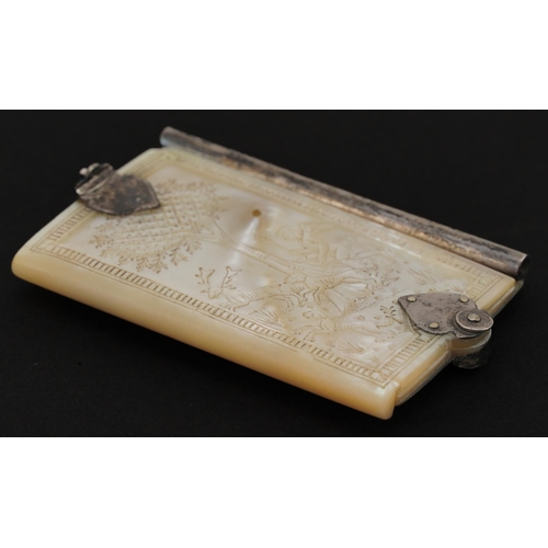 205 - 19th century mother of pearl aide memoire with unmarked silver mounts carved with a huntsman and Put... 