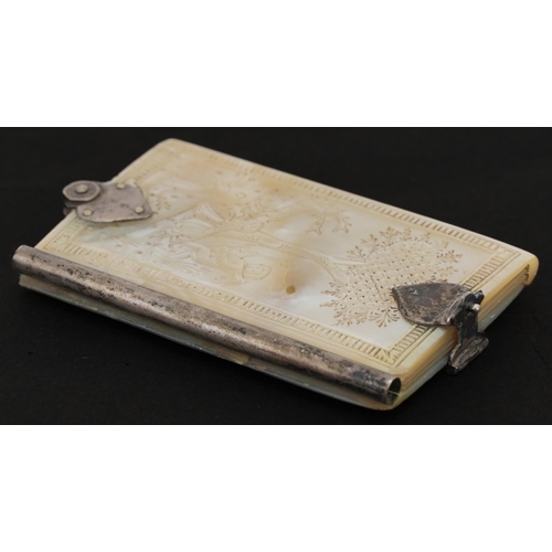 205 - 19th century mother of pearl aide memoire with unmarked silver mounts carved with a huntsman and Put... 