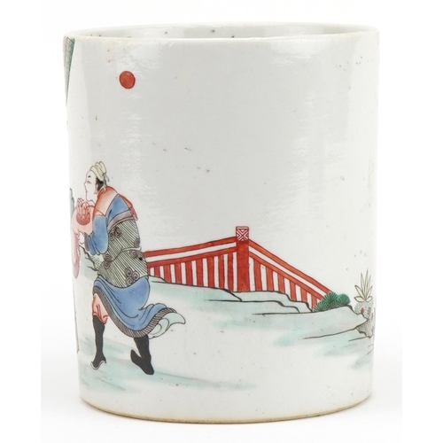 264 - Chinese porcelain cylindrical brush pot hand painted in the famille verte palette with an emperor an... 