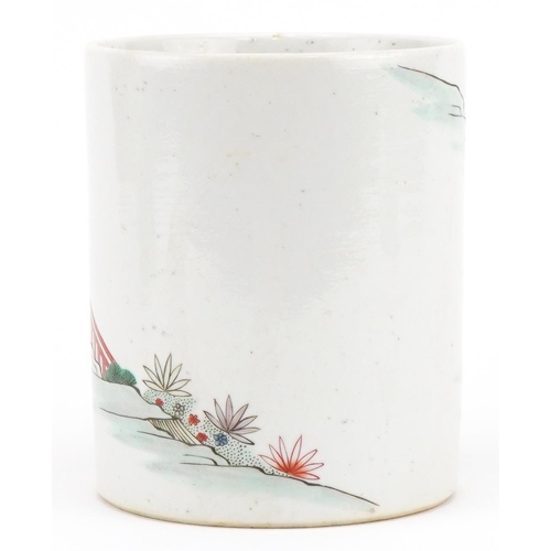 264 - Chinese porcelain cylindrical brush pot hand painted in the famille verte palette with an emperor an... 