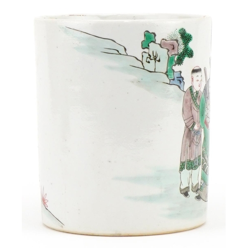 264 - Chinese porcelain cylindrical brush pot hand painted in the famille verte palette with an emperor an... 